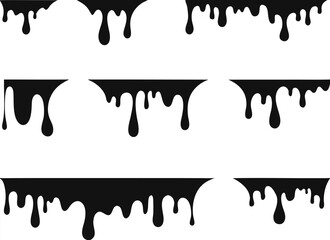 Black melt drips or liquid paint drops. Dripping liquid. Paint flows. Current paint, stains. Current drops. Current inks. Vector illustration. isolated on white background 