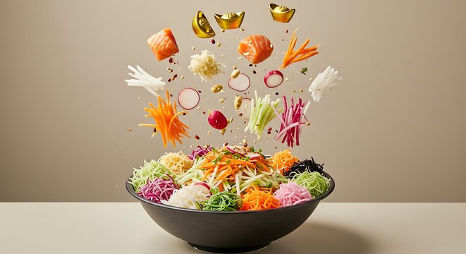 Colorful ingredients of Yee Sang salad flying in mid-air during a dynamic prosperity toss. This festive food explosion features raw fish and vegetables, symbolizing the ritual of tossing for wealth