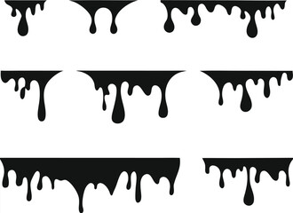 Black melt drips or liquid paint drops. Dripping liquid. Paint flows. Current paint, stains. Current drops. Current inks. Vector illustration. isolated on white background 