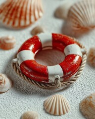 Red white lifebuoy surrounded by seashells picture