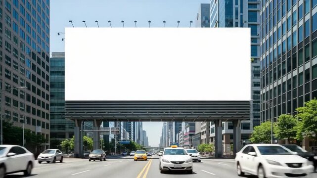 Mock up banner displaying blank billboard in urban setting with city traffic. Large blank billboard mock up is perfect advertising space, modern skyscrapers lining busy road.