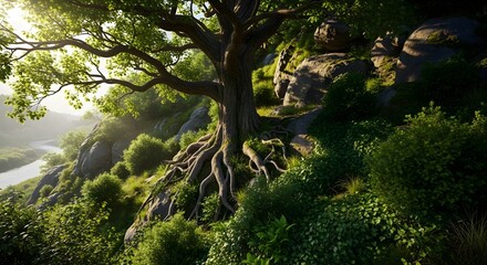 Realistic tree on rocky hill surrounded by lush greenery, symbolizing growth, renewal, and harmony