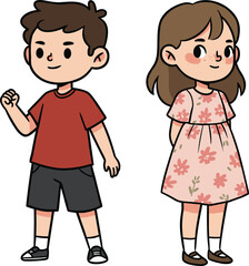 Cartoon children standing, floral dress, casual outfit, cheerful expressions, character design, white background, educational art, stock illustration, kids pose