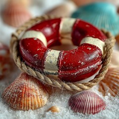Seashell background with red lifebuoy picture