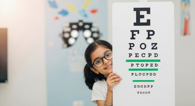 smiling indian girl with glasses standing beside eye chart in optometrist's office. vision test concept. healthcare, pediatric care, medical brochure, children's clinic.