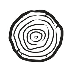 Wood slice vector with circular growth rings in black outline style. Ideal for eco-friendly logos, forest education graphics, wedding invitations and rustic home decor patterns.