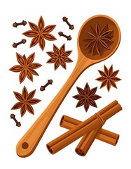 Assorted spice collection.  Wooden spoon, cinnamon sticks, star anise