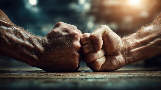 Fist Bump Solidarity: Two hands clench in a powerful display of unity, camaraderie, and unwavering support. This visual metaphor depicts the strength found in partnership and mutual respect.