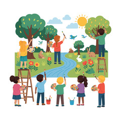 Children painting a vibrant outdoor mural with trees, flowers, and animals