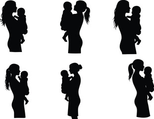 Black silhouette vector illustration of mothers holding babies in different poses, symbolizing maternal love, motherhood, parenting, family bonding, nurturing care