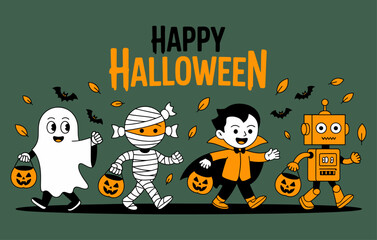 Happy Halloween Kids in Costumes Trick-or-Treating Vector Illustration