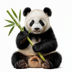 Fototapeta premium Giant Panda Holding Bamboo Sitting On White Background Endangered Wildlife Icon