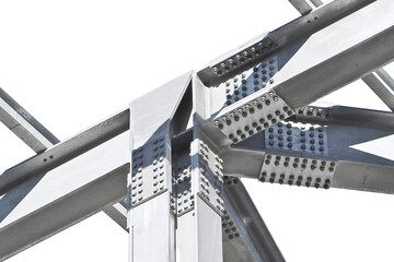 DETAIL OF A NEW PRECAST STEEL STRUCTURE with pillars, steel beams and bolts in galvanized steel