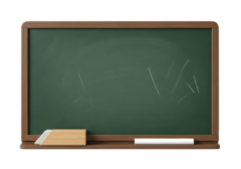 Dark green chalkboard with subtle chalk dust and erased marks, wooden eraser, and transparent chalk on its ledge, isolated on a transparent studio background. Emblematic representation of education