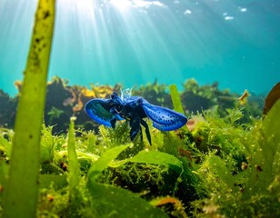 Vibrant Blue Sea Creature Amidst Seaweed.