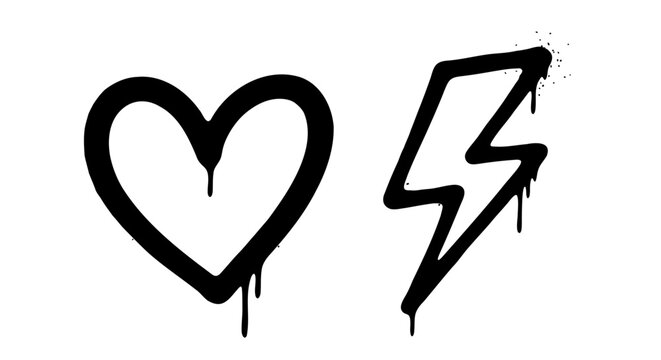 Artistic symbols: Captivating vector illustration featuring striking black heart and lightning bolt graffiti art elements. Perfect for expressing themes of love and energy.