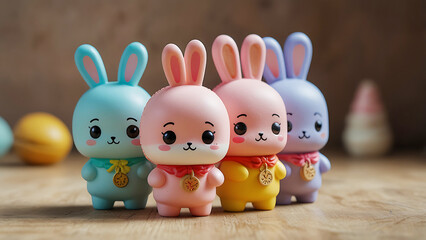 Colorful Cartoon Rabbit Figurines with Medallions – Whimsical Toy Design in Pastel Dessert-Themed Setting