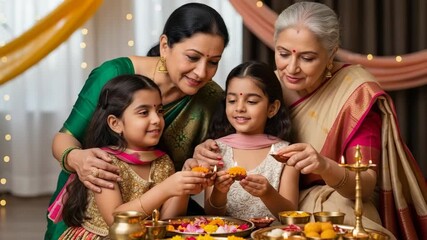 Diwali celebration with multigenerational family holding diyas and enjoying traditional sweets. Diwali brings together grandparents and granddaughters for Diwali celebration, sharing joy and customs.