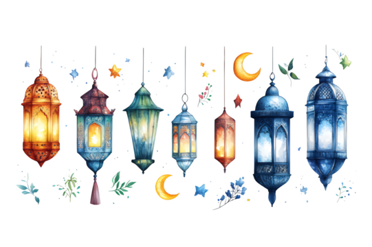 Watercolor illustration of a decorative row of glowing colorful ornate lanterns Small stars and crescent moons are