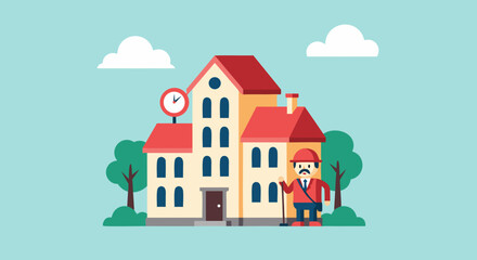 Fototapeta premium Illustrative depiction of a traditional school building with a uniformed crossing guard, symbolizing education and community safety on a clear day