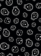 Hand drawn, monochrome skull seamless repeat pattern. Simple, vector day of the death faces aop, all over surface print on black background.
