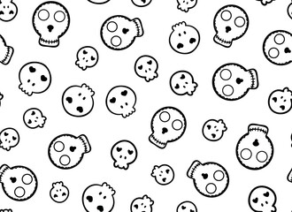 Hand drawn, monochrome skull seamless repeat pattern. Simple, vector day of the death faces aop, all over surface print on white background.