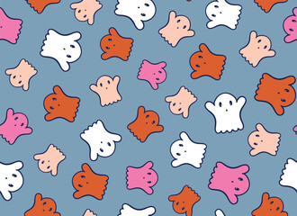 Cute, hand drawn ghost seamless repeat pattern. Sweet, lovely halloween aop, all over surface pattern on blue background.