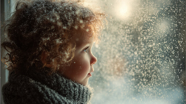 A child looking out a frosty window with snowflakes falling outside in winter light