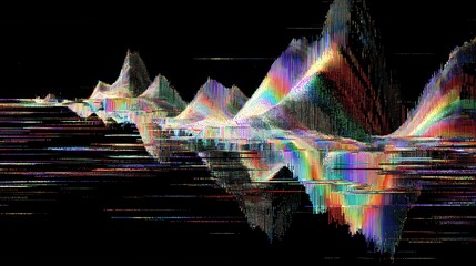 Chromatic Data Peaks: A dynamic, digital landscape of vibrant, iridescent data peaks that surge and ripple across a dark background.