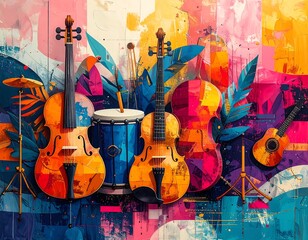 Vibrant musical instruments on a colorful backdrop