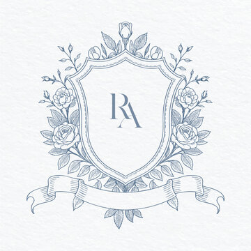 Vintage floral shield wedding crest with ornate banner. Elegant botanical monogram emblem decorated with roses.