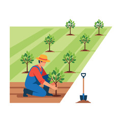 Fototapeta premium Farmer planting a young tree in a field, agricultural concept