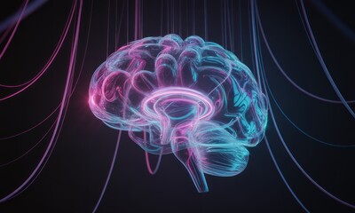 3D brain illustration, glowing neon colors, surrounded by abstract threads