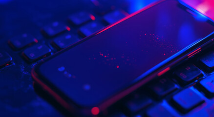 Smartphone with dark screen rests on keyboard, illuminated by vibrant blue and red lights, creating modern and tech inspired atmosphere