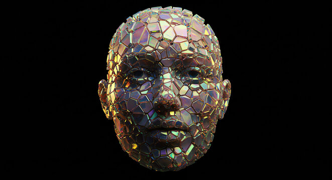 Fragmented human head with iridescent texture