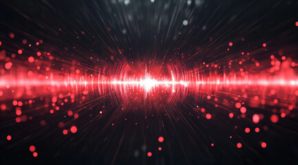 Vibrant red particles create dynamic visual effect, resembling sound waves or energy pulses dark background, evoking sense of movement and rhythm