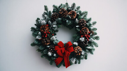 A Christmas wreath decorated with pinecones, red berries and a red bow on a white wall
