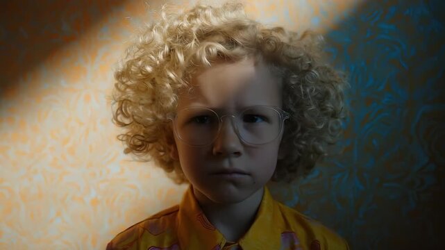 A young child with curly blond hair, clear glasses, and a yellow shirt frowns at the camera against a patterned wall.