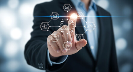 Businessman interacts with digital interface displaying network security and data protection icons using his fingertip