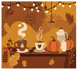 Vector art of a cozy autumn coffee scene featuring steaming cups, pumpkins, and warm lighting, evoking a sense of comfort and relaxation during the fall season, perfect for coffee lovers and autumn en