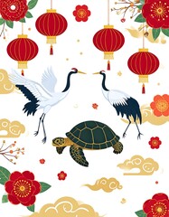 Elegant Chinese New Year Design with Cranes and Turtle.
