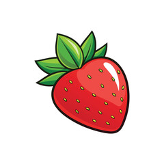 Obraz premium A vibrant red cartoon strawberry illustration with bright green leaves and a glossy shine isolated on a clean white background