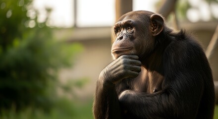 Pensive Primate A Chimpanzee Lost in Thought Amidst Lush Greenery, Offering a Glimpse into the Mind of the Intelligent Creature