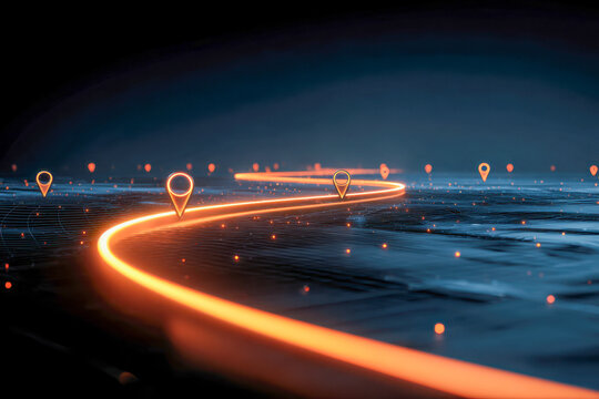 A futuristic glowing digital pathway with location markers, symbolizing advanced navigation and the integration of technology in guiding journeys across a virtual landscape
