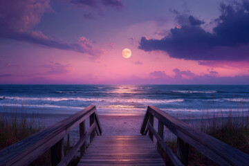 Obraz premium Wooden boardwalk leading to a serene sandy beach with gentle waves under a vibrant purple and pink twilight sky illuminated by a glowing full moon over the ocean