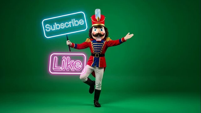 Nutcracker Mascot Promoting Engagement - A vibrant Nutcracker mascot stands against a green background, energetically promoting engagement with neon signs that read "Subscribe" and "Like.
