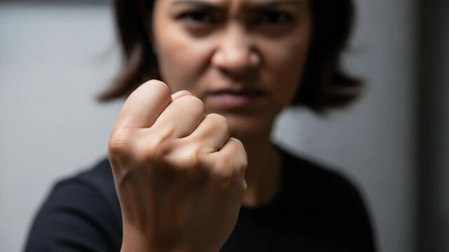 Showing anger, furious woman with clenched fist expresses negative emotion. Expressing anger is not always healthy, and this furious woman shows emotional turmoil.