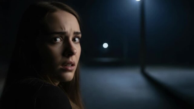 Scared woman runs away on dark street under dim light. Scared woman expressing fear during night time alone. Feeling scared woman running from danger on street. Concept showing emotional distress.