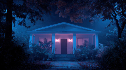 Moody haunted house, porch, night, blue lighting, eerie, mysterious, surrounded by trees