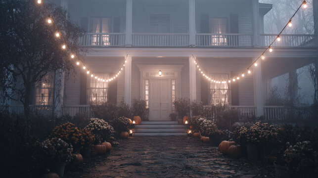Haunted house with fog, string lights, pumpkins, and autumn flowers create spooky atmosphere
